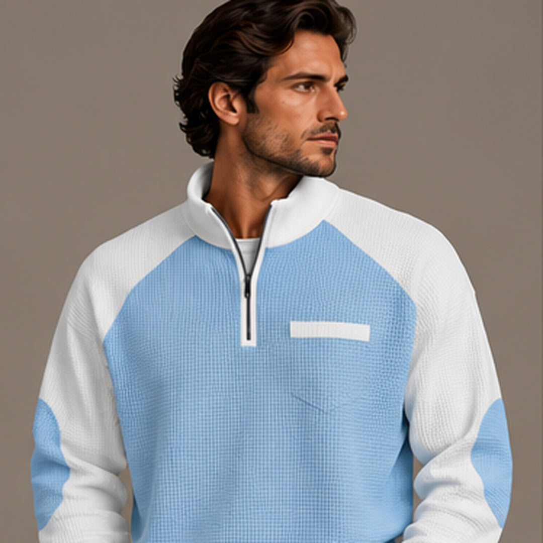 Waffle knit quarter-zip pullover in light blue