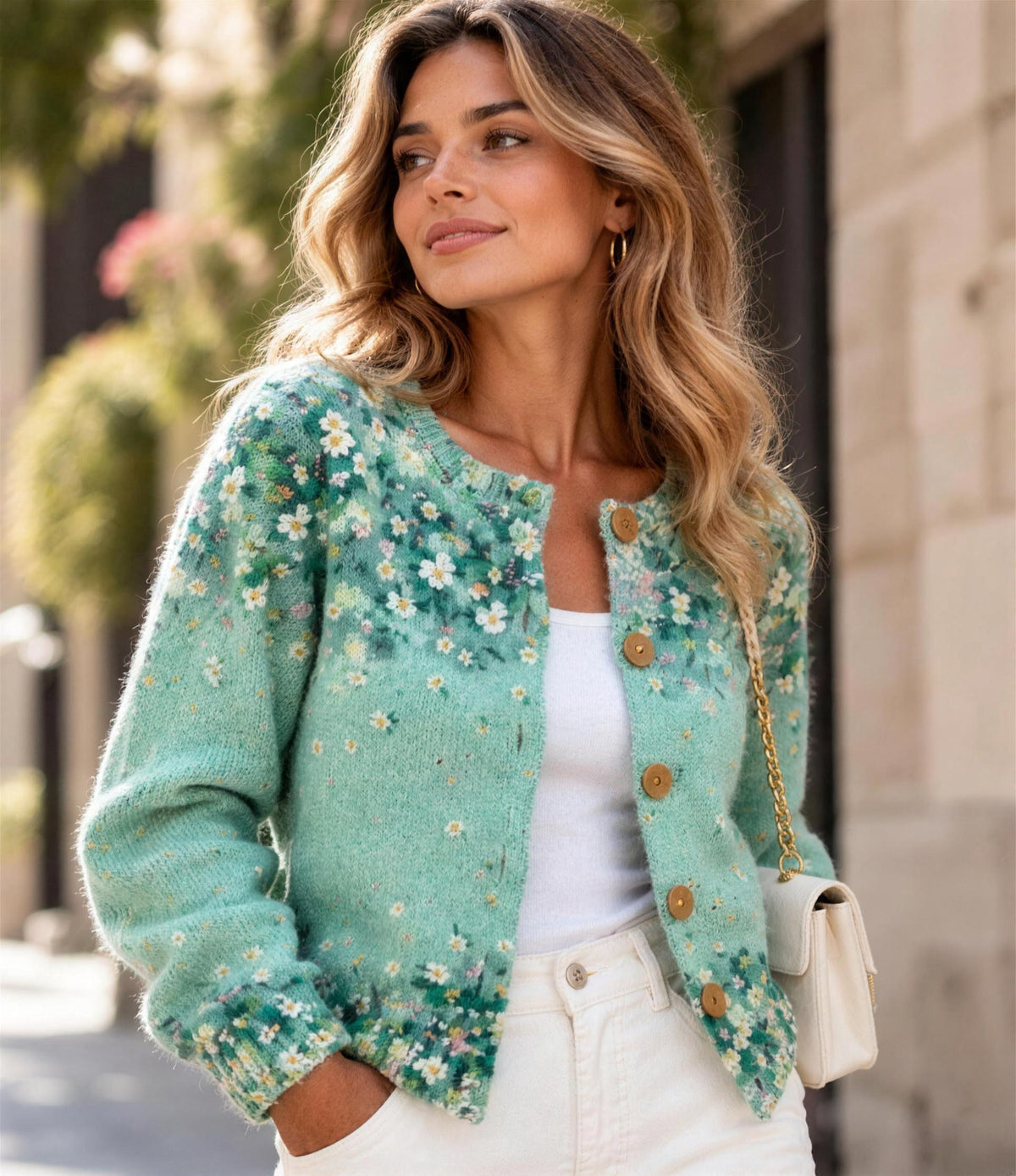 Woman wearing the sage green floral embroidered cardigan outdoors