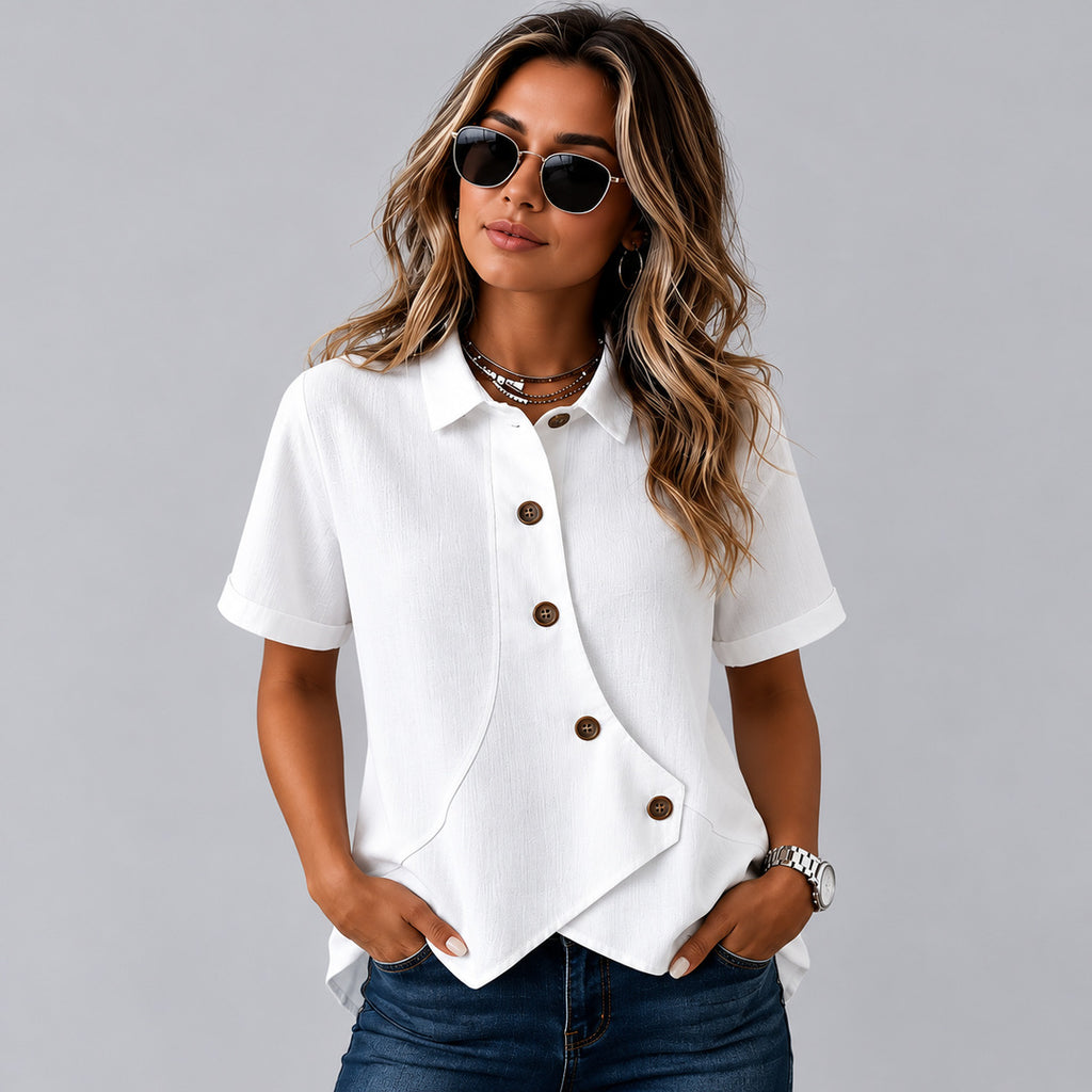 Woman wearing the white asymmetric button shirt
