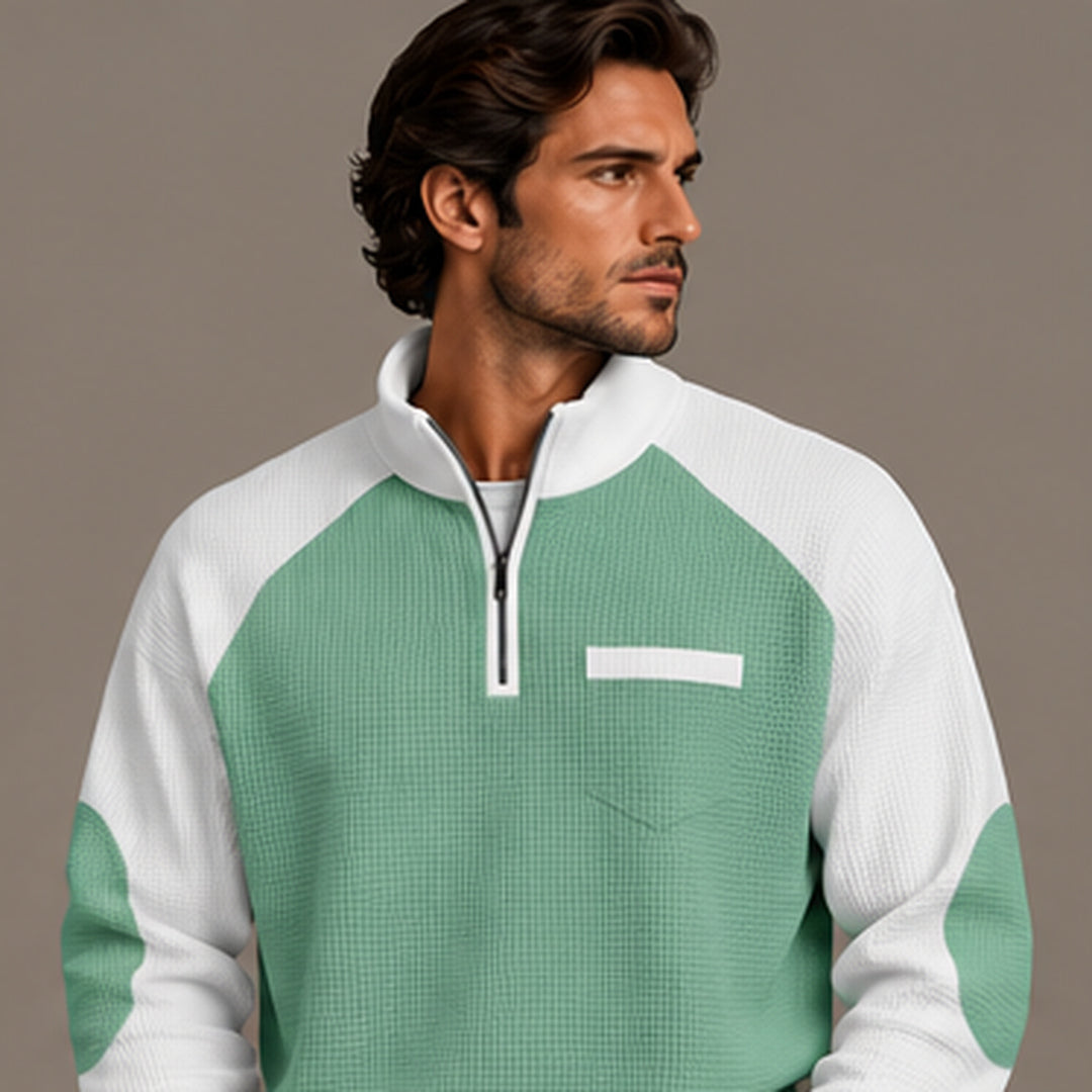Waffle knit quarter-zip pullover in sage green