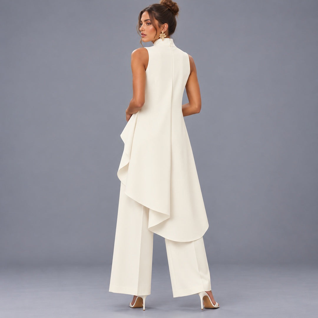 Draped top and wide-leg pants set, back view on model