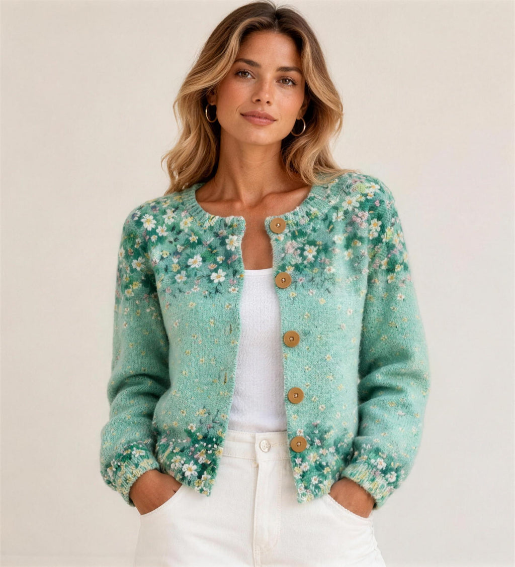 Floral embroidered cardigan, front view on model