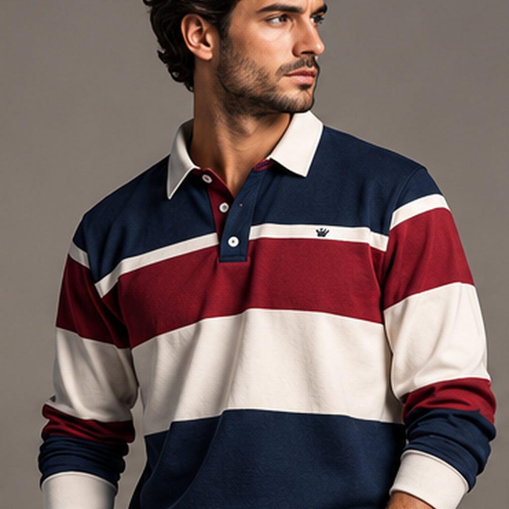 Striped rugby knit polo, front view on model