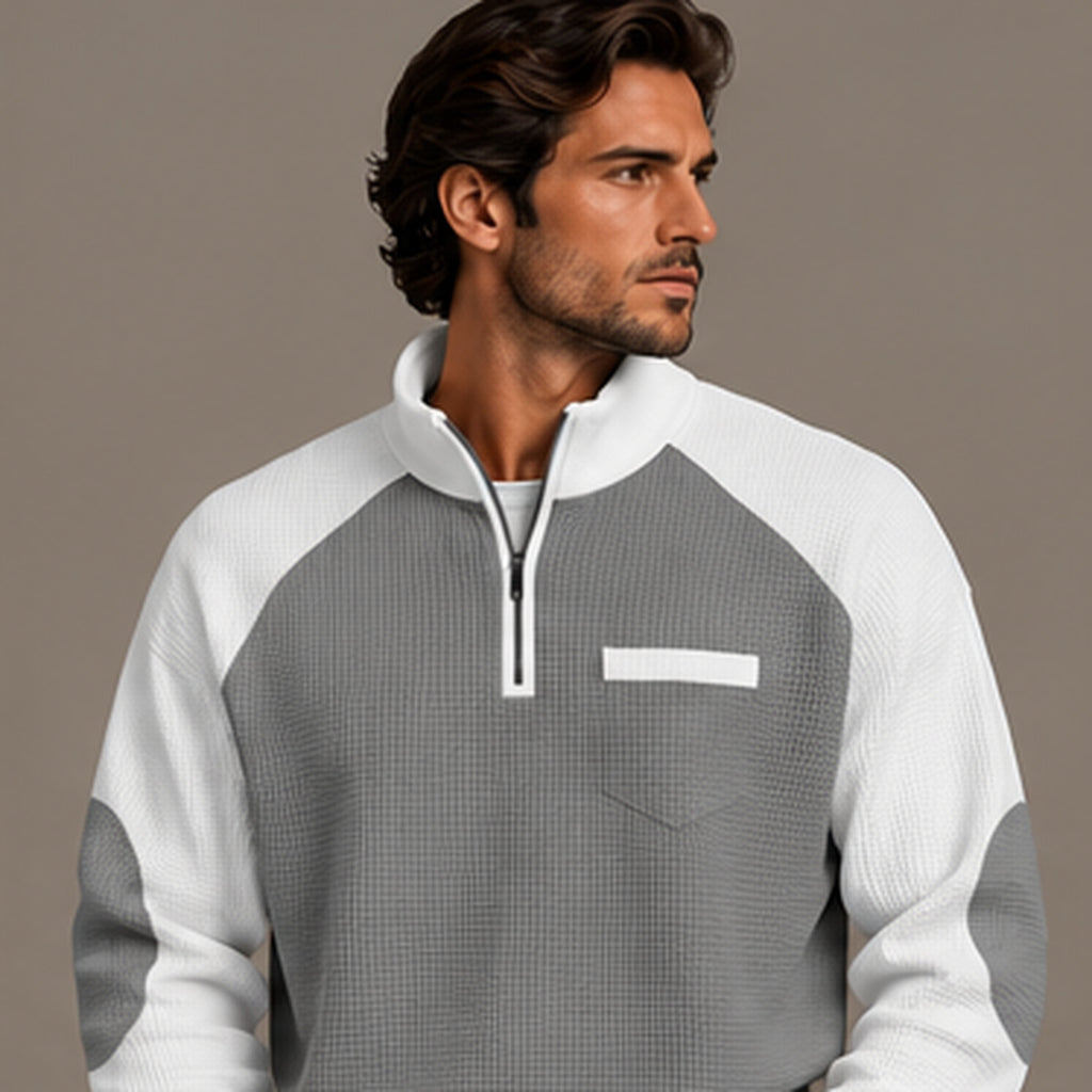 Waffle knit quarter-zip pullover in grey