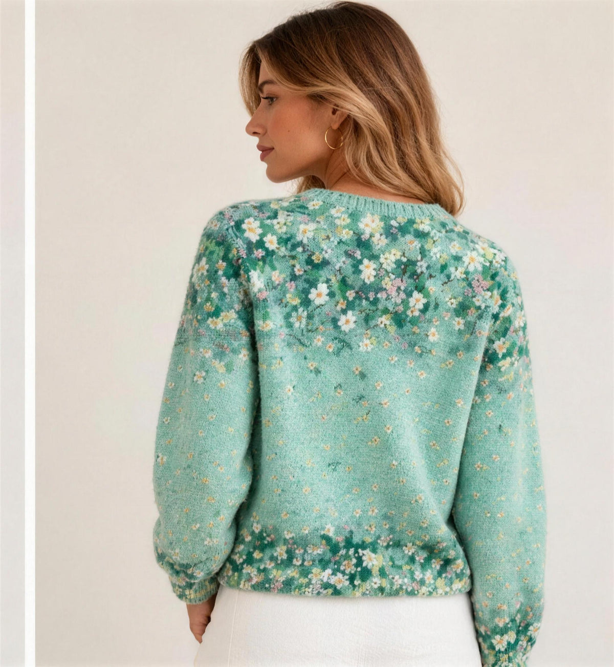Floral embroidered cardigan, back view on model