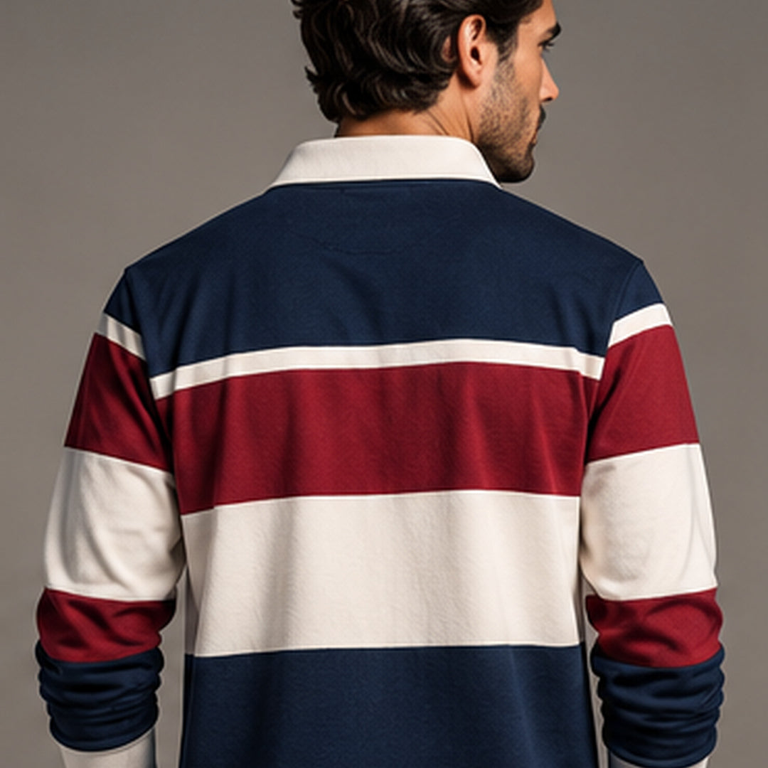 Striped rugby knit polo, back view on model