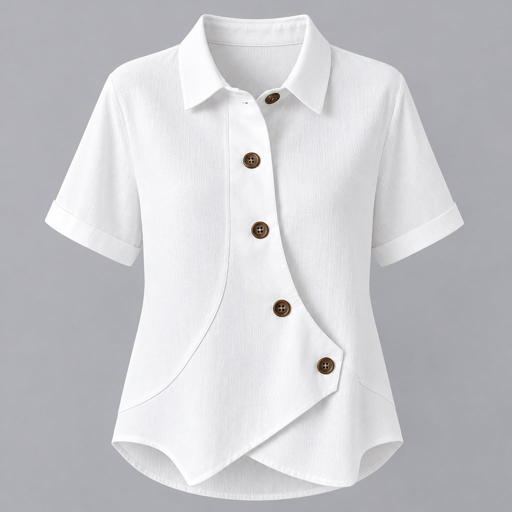 White asymmetric button shirt, front flat view