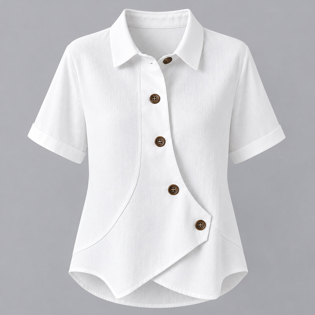 White asymmetric button shirt, front flat view