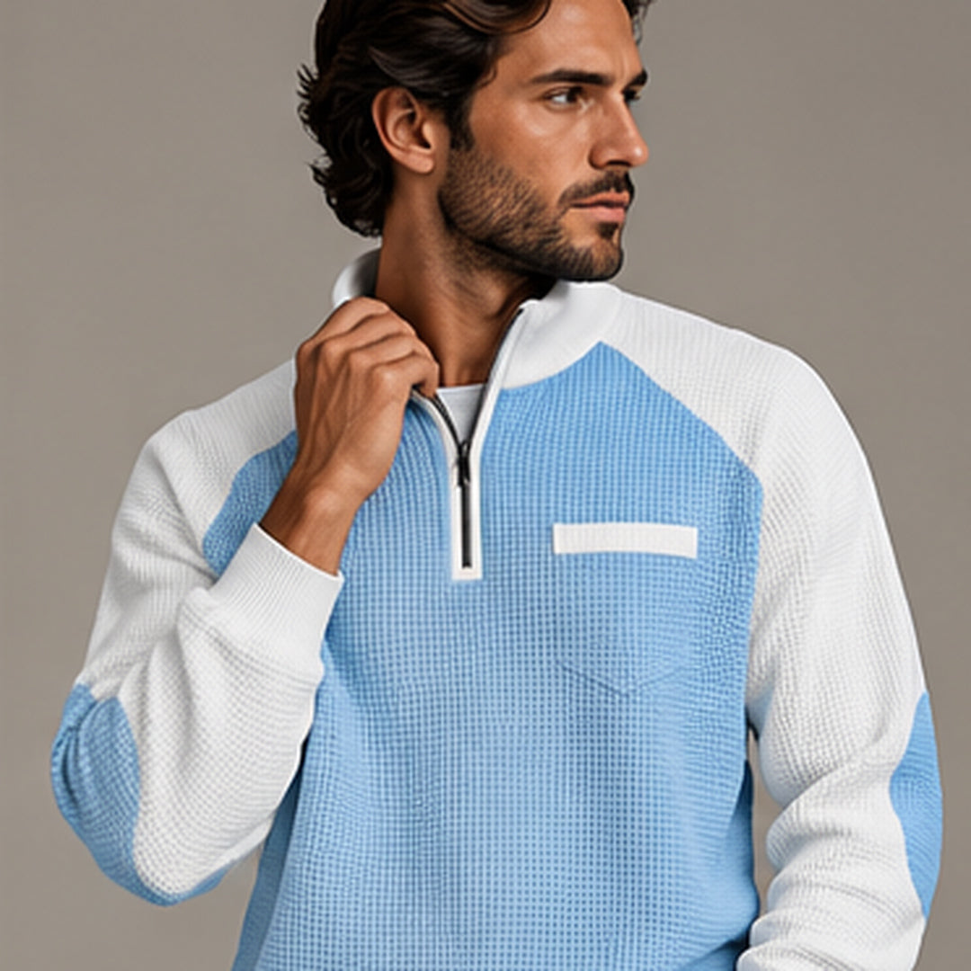 Quarter-zip pullover, side view on model