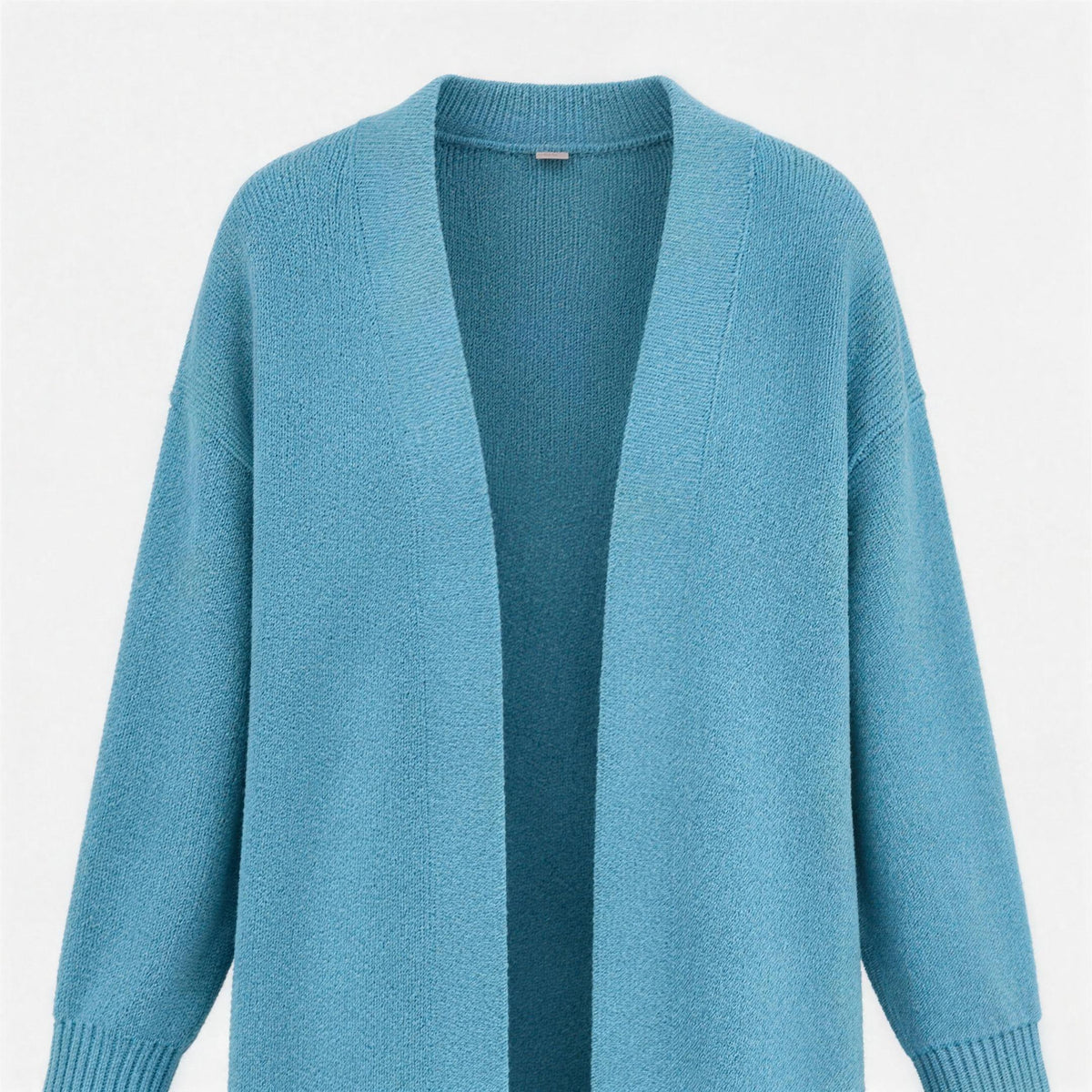 Dusty blue longline cardigan, front flat view