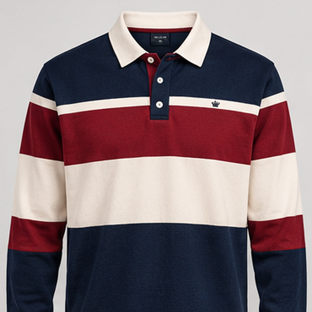 Striped rugby knit polo, front flat view