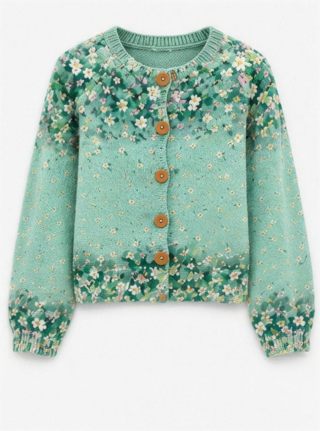 Sage green floral cardigan, front flat view
