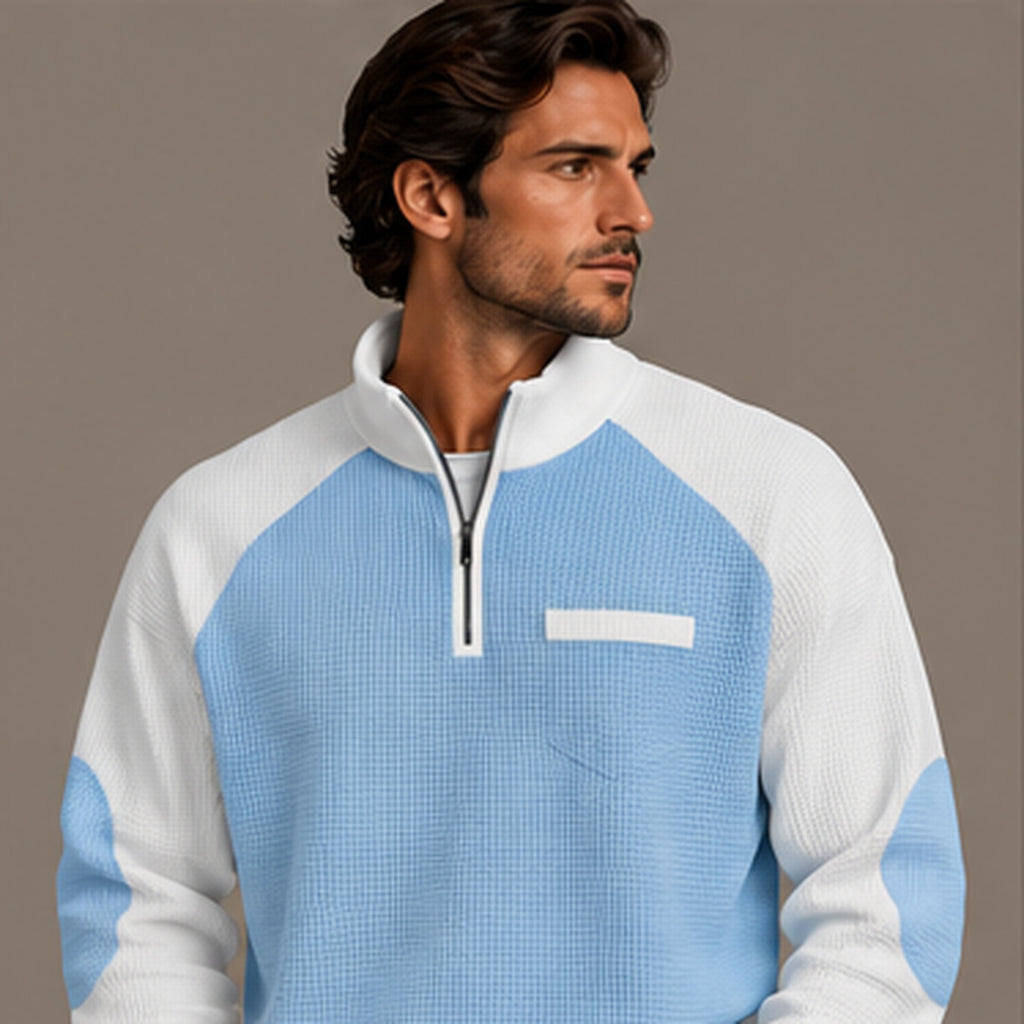 Waffle knit quarter-zip pullover in light blue, front view