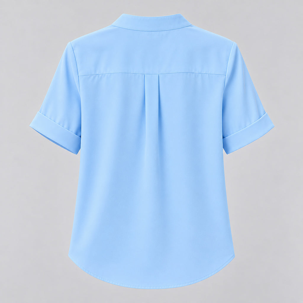 Sky blue split-neck blouse, back flat view