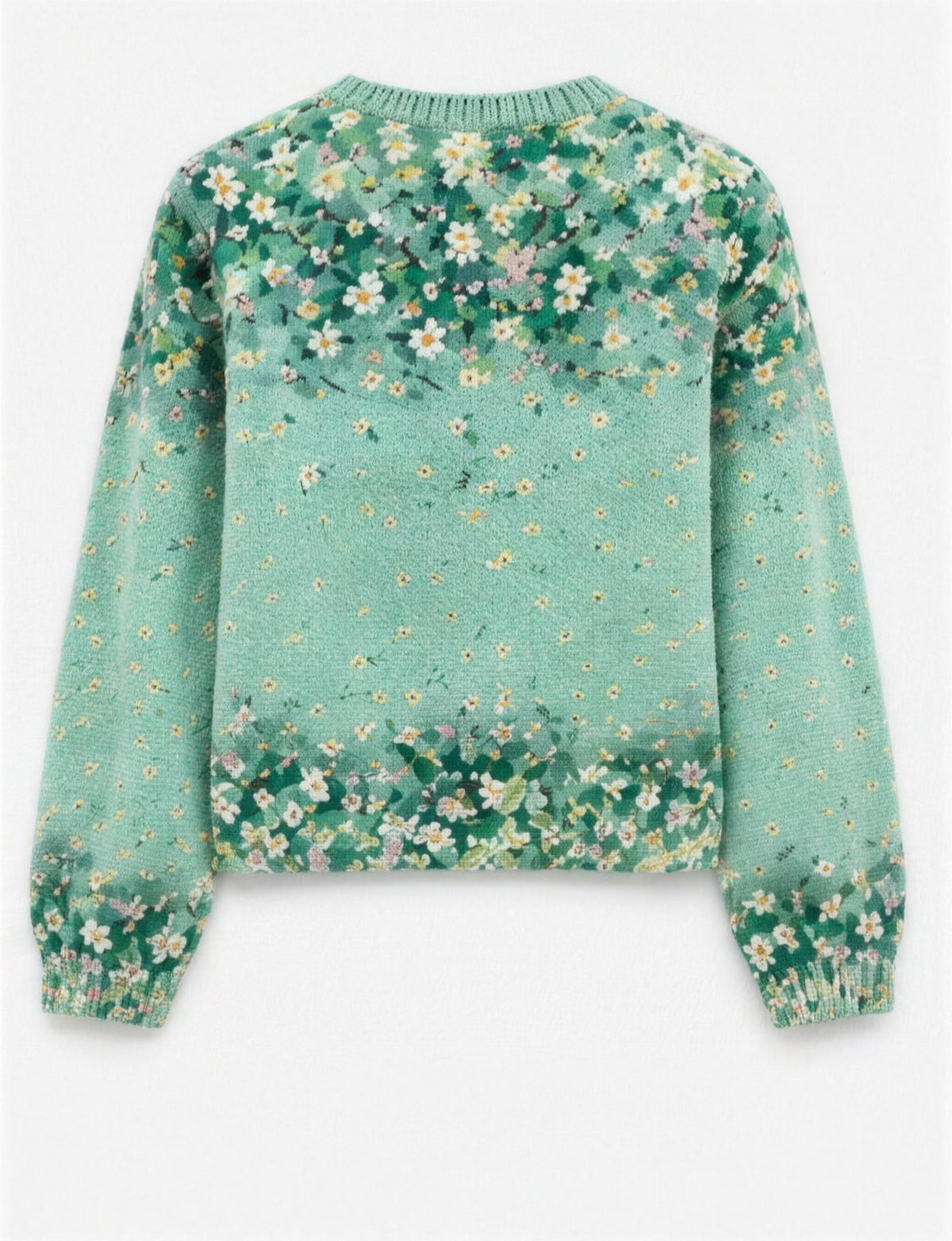 Sage green floral cardigan, back flat view
