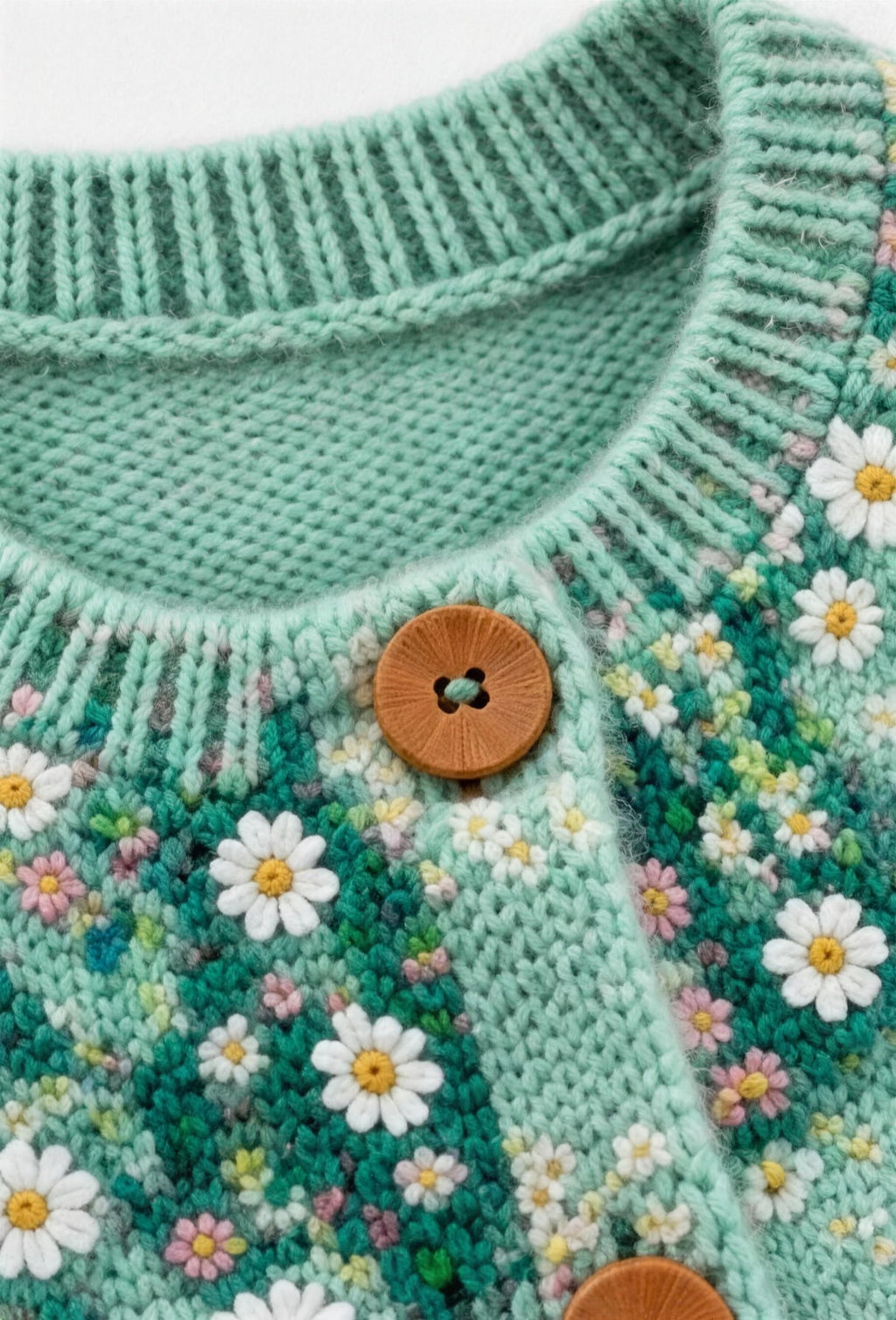 Close-up of the ribbed neckline and wooden button
