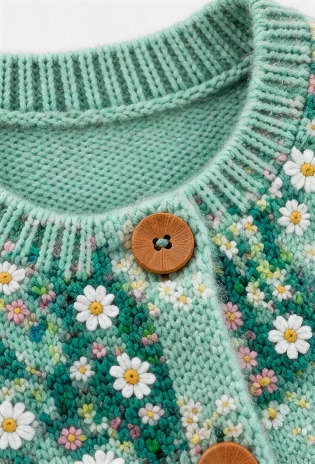 Close-up of the ribbed neckline and wooden button