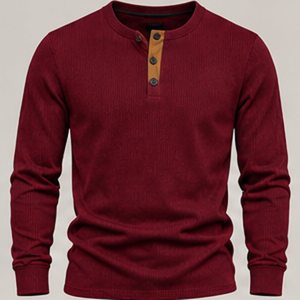 Burgundy waffle knit henley, flat view