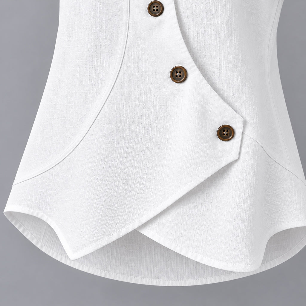 Close-up of the asymmetric button front and wrap hem