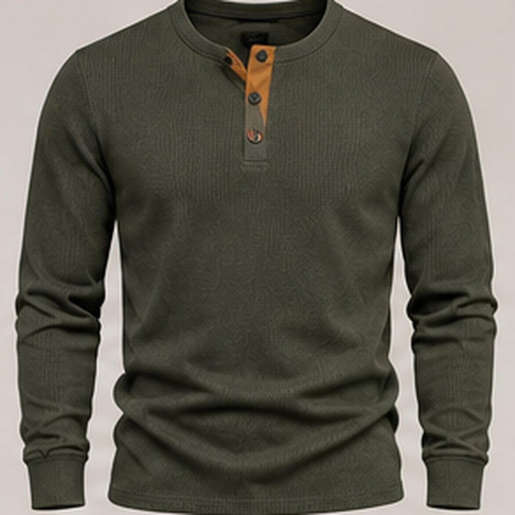 Olive waffle knit henley, flat view