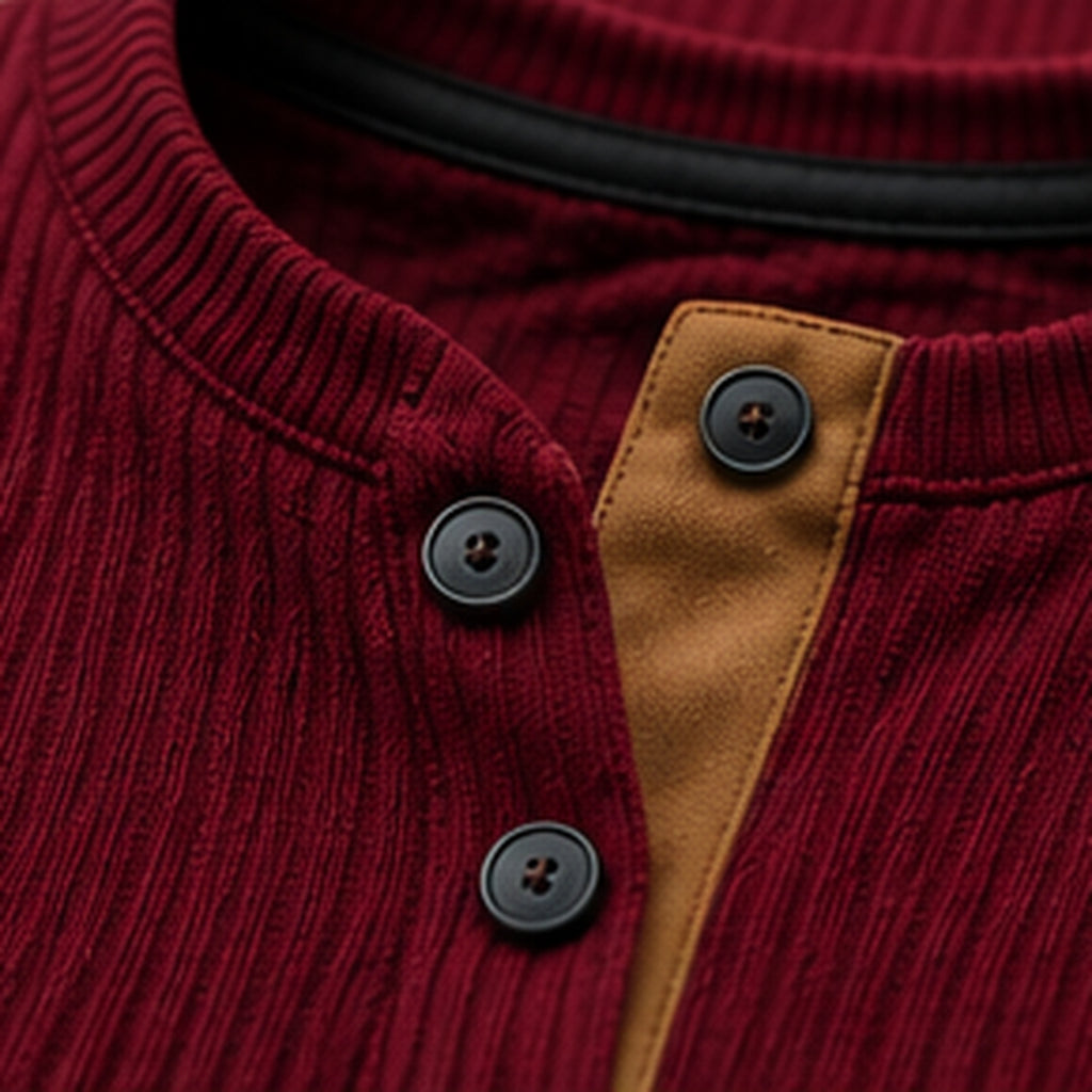 Close-up of the two-button placket with suede-look trim
