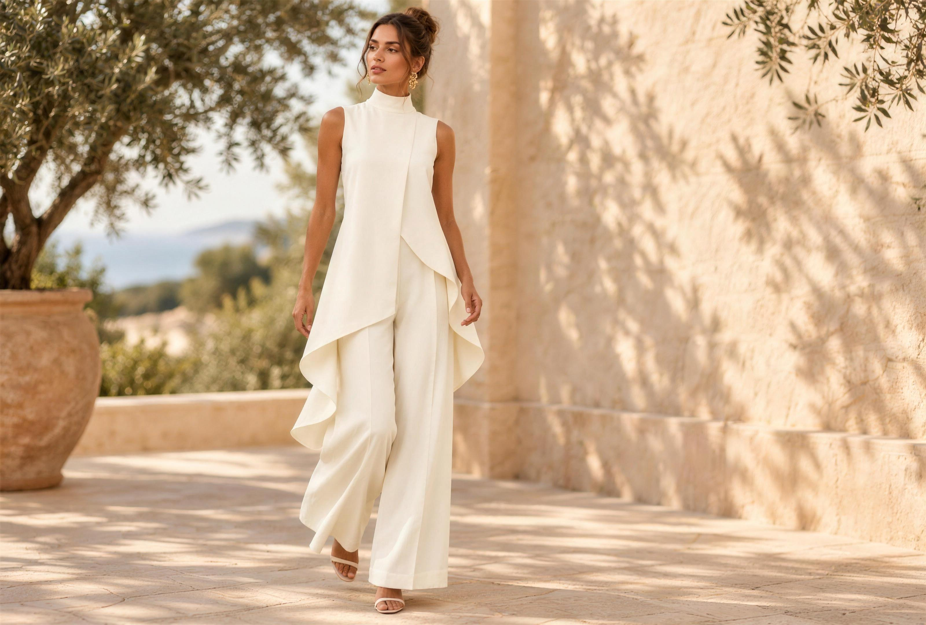 Woman wearing the ivory draped mock neck top and wide-leg pants set on a sunlit terrace
