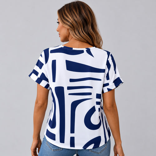 Abstract print tee, back view on model