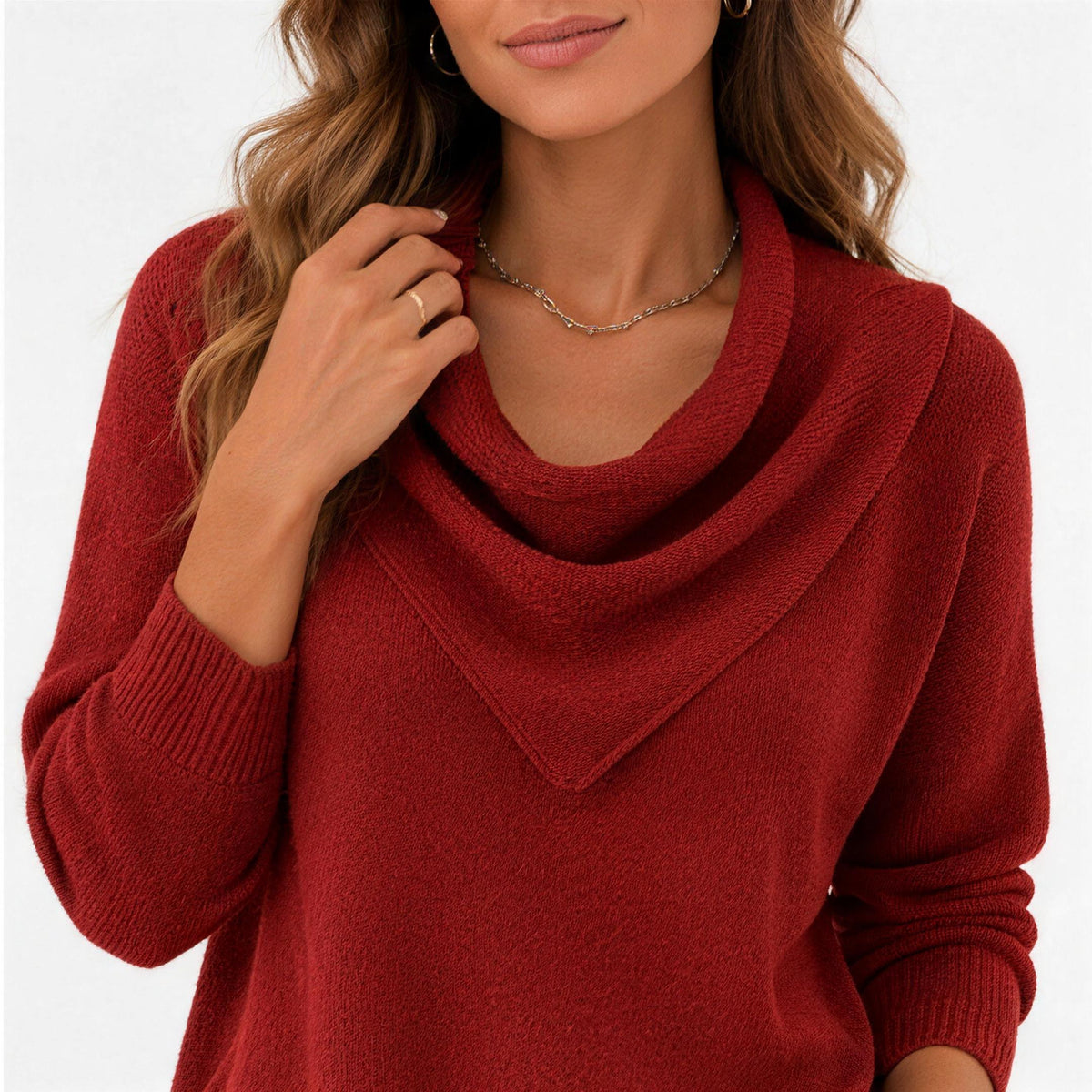 Cowl neck knit sweater in rust red