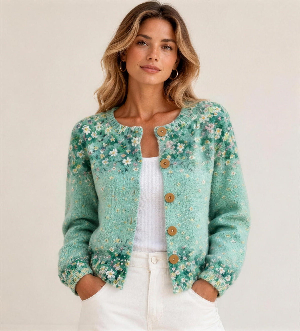 Floral embroidered cardigan, front view on model