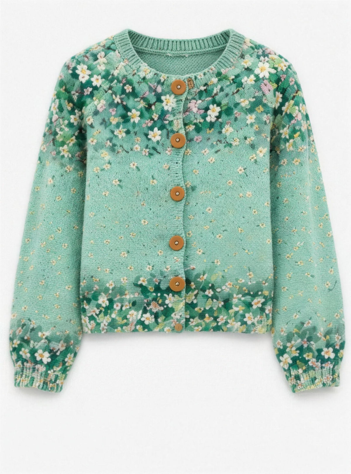 Sage green floral cardigan, front flat view