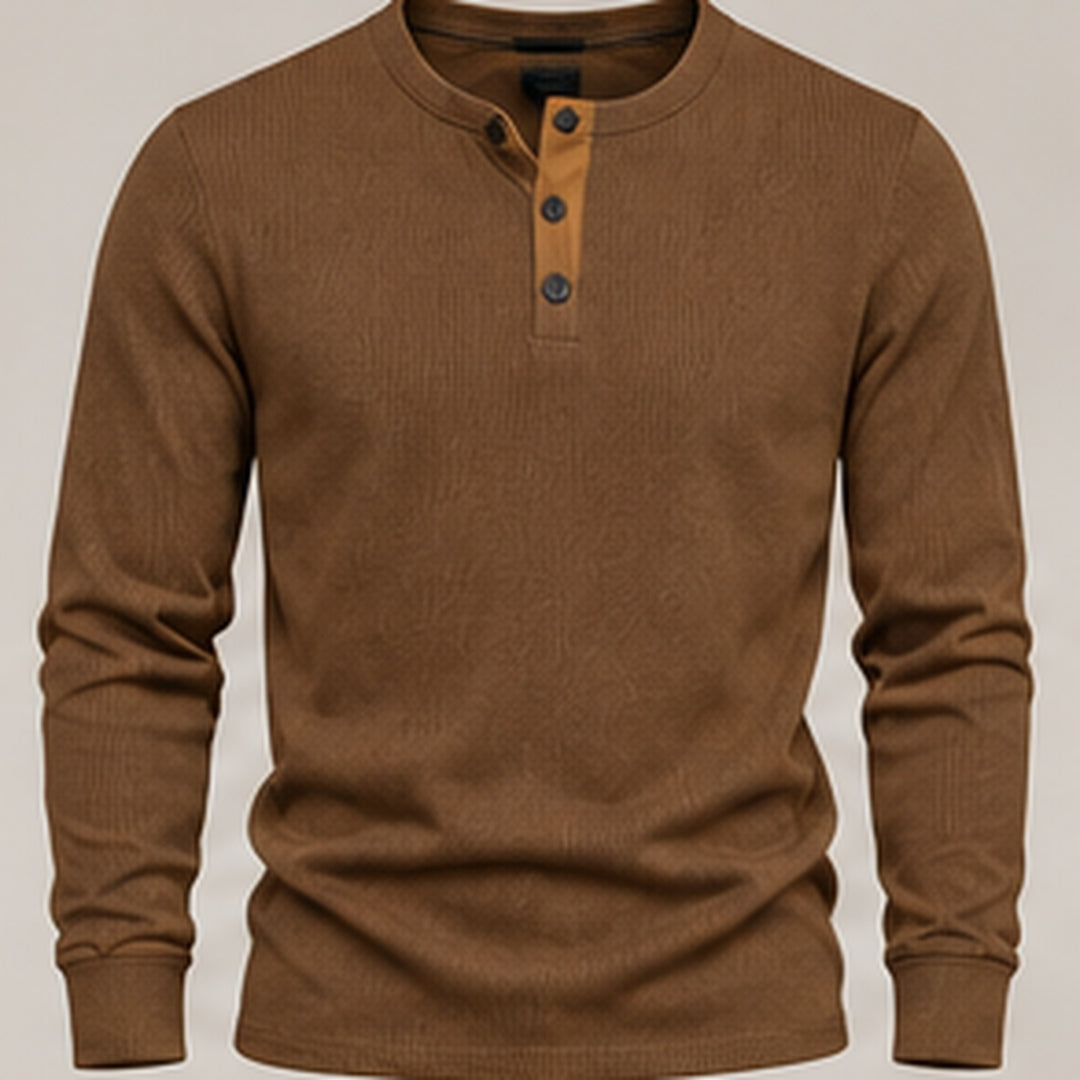 Brown waffle knit henley, flat view